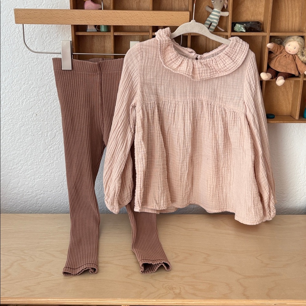 Zara Girls Ribbed Brown Leggings + Blush Muslin Ruffle Collar Blouse
